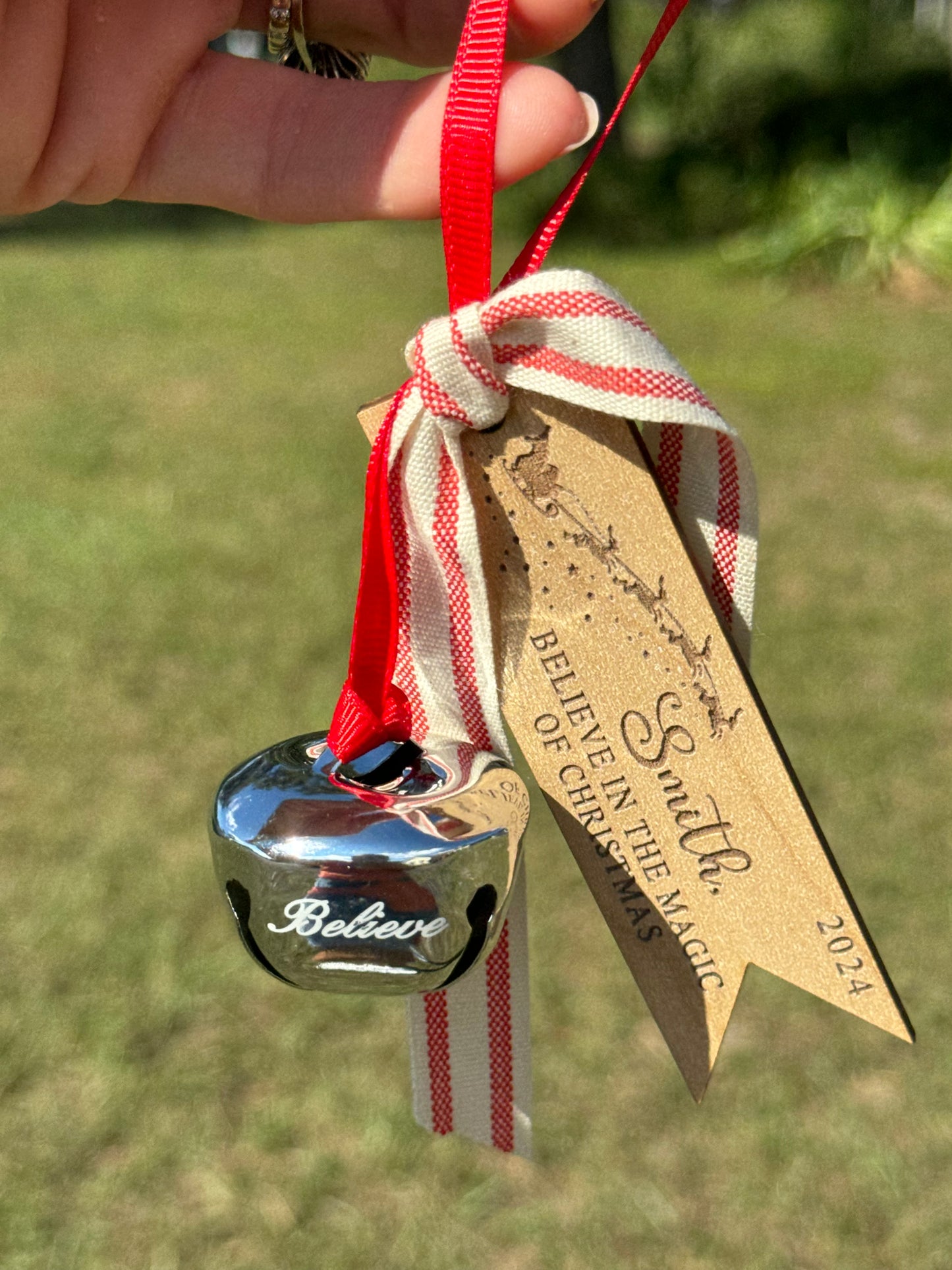 Personalized Engraved “Believe in the Magic of Christmas” Silver Bell Ornament