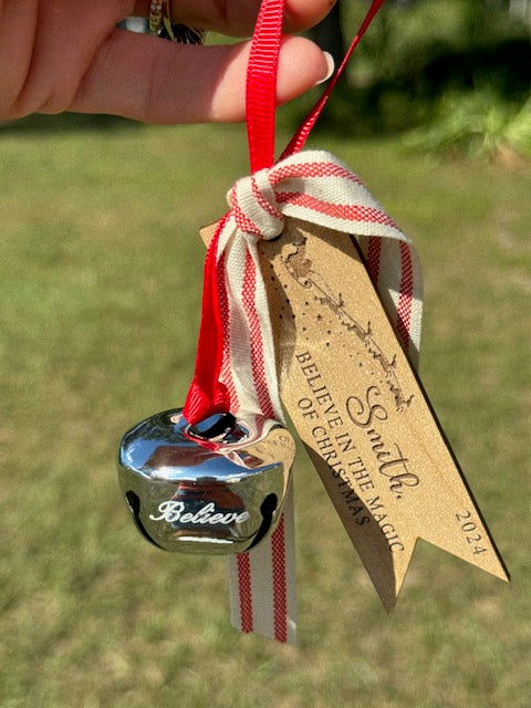Personalized Engraved “Believe in the Magic of Christmas” Silver Bell Ornament
