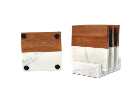 Marble & Wood Coaster Set with Stand